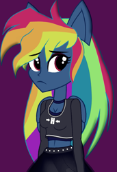 Size: 835x1219 | Tagged: safe, artist:galacticflashd, character:evil pie hater dash, character:rainbow dash, episode:secrets and pies, g4, my little pony: friendship is magic, my little pony:equestria girls, adorapiehater, alternate universe, breasts, busty rainbow dash, cleavage, clothing, cute, dashabetes, equestria girls-ified, female, looking at you, makeup, midriff, ponied up, sad, sadorable, short shirt, show accurate, shy, solo, wings