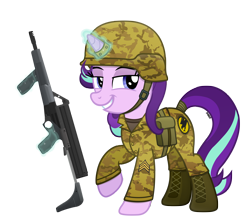 Size: 4500x4000 | Tagged: safe, artist:a4r91n, character:starlight glimmer, species:pony, species:unicorn, assault rifle, boots, calico, calico m-900, camouflage, command and conquer, crossover, female, gdi glimmer, global defense initiative, grin, gun, helmet, lidded eyes, looking at you, magic, mare, military, military uniform, raised hoof, rifle, sergeant, shoes, simple background, smiling, smug, solo, tail wrap, telekinesis, transparent background, vector, weapon