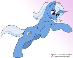 Size: 1280x1012 | Tagged: safe, artist:digoraccoon, character:trixie, species:pony, species:unicorn, dock, female, gradient background, leaping, mare, patreon, patreon logo, solo