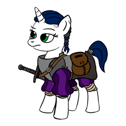 Size: 900x900 | Tagged: safe, artist:velgarn, oc, oc only, species:pony, species:unicorn, adventurer, armor, braid, female, mare, rpg, saddle bag, scar, seeds of harmony, simple background, solo, spellsword, sword, weapon, white background