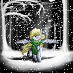 Size: 1000x1000 | Tagged: safe, artist:kira-minami, character:derpy hooves, species:pegasus, species:pony, clothing, female, forest, mare, scarf, smiling, snow, snowfall, solo, spread wings, tree, wings