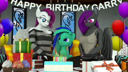 Size: 3840x2160 | Tagged: safe, artist:vision, oc, oc:garry berry, oc:midnight nova, oc:vision, species:anthro, species:bat pony, species:earth pony, species:pegasus, species:pony, 3d, anthro oc, balloon, birthday, birthday cake, birthday gift, cake, chandelier, controller, couch, cupcake, drawer, dualshock controller, food, glasses, htc vive, microsoft, pegasus oc, pillow, plant, present, sky, smiling, source filmmaker, windows