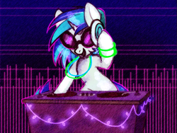 Size: 745x561 | Tagged: safe, artist:ponycide, character:dj pon-3, character:vinyl scratch, species:pony, species:unicorn, bipedal, bipedal leaning, commission, fairy lights, female, glasses, glowstick, headphones, horn, leaning, mare, open mouth, solo, sunglasses, turntable, vinyl scratch's glasses, vinyl's glasses