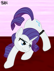 Size: 1281x1694 | Tagged: safe, artist:banquo0, derpibooru original, character:rarity, species:pony, species:unicorn, bed, bedroom, bedroom eyes, face down ass up, female, garter, lip bite, presenting, solo