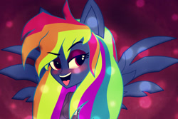 Size: 1506x1009 | Tagged: safe, artist:galacticflashd, character:evil pie hater dash, character:rainbow dash, episode:secrets and pies, g4, my little pony: friendship is magic, my little pony:equestria girls, adorapiehater, adorasexy, alternate universe, blushing, breasts, busty rainbow dash, clothing, cute, eyelashes, eyeshadow, female, looking at you, makeup, sexy, smiling, solo