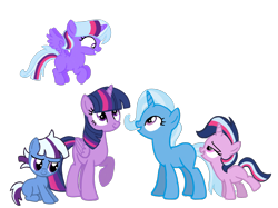 Size: 2732x2048 | Tagged: safe, artist:turnaboutart, base used, character:trixie, character:twilight sparkle, character:twilight sparkle (alicorn), oc, oc:aurora, oc:nebula, oc:sparkle magic, parent:trixie, parent:twilight sparkle, parents:twixie, species:alicorn, species:pony, ship:twixie, family, female, lesbian, magical lesbian spawn, offspring, shipping, simple background, transparent background