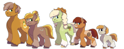 Size: 1280x512 | Tagged: safe, artist:itstechtock, oc, oc only, oc:cameo quartz, oc:cloudy cortland, oc:golden anjou, oc:pippin apple, oc:sweet bee, parent:big macintosh, parent:marble pie, parents:marblemac, species:earth pony, species:pony, colt, female, male, mare, offspring, simple background, stallion, transparent background