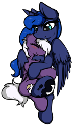 Size: 1144x1966 | Tagged: safe, artist:arjinmoon, character:princess luna, oc, oc:nighty cloud, species:alicorn, species:pegasus, species:pony, blushing, chest fluff, cuddling, cute, ear fluff, eyes closed, female, fluffy, horn, hug, mare, simple background, smiling, transparent background, winghug, wings