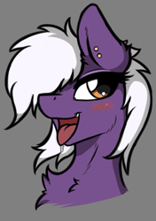 Size: 519x737 | Tagged: safe, artist:arjinmoon, oc, oc only, oc:nighty cloud, species:pegasus, species:pony, blushing, bust, chest fluff, ear piercing, female, gray background, piercing, simple background, solo, tongue out