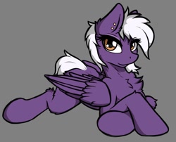 Size: 1232x994 | Tagged: safe, artist:arjinmoon, oc, oc only, oc:nighty cloud, species:pegasus, species:pony, chest fluff, ear piercing, female, gray background, looking at you, lying down, piercing, simple background, solo, wings