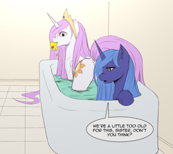 Size: 1152x1024 | Tagged: safe, artist:jalm, artist:tytan, character:princess celestia, character:princess luna, species:alicorn, species:pony, bath, cute, cutelestia, dialogue, female, frown, looking back, lunabetes, mouth hold, nom, nose wrinkle, open mouth, pink-mane celestia, plot, rubber duck, s1 luna, sisters, smiling, strategically covered, sunbutt, unamused, water, wet, wet mane, younger