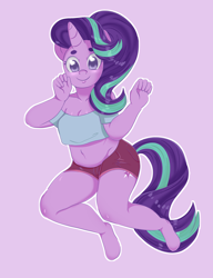 Size: 2000x2600 | Tagged: safe, artist:leslers, character:starlight glimmer, species:pony, species:unicorn, blushing, clothing, cute, cutie mark, denim shorts, female, glimmerbetes, happy, looking at you, mare, multicolored hair, purple background, purple eyes, purple fur, semi-anthro, sexy, shorts, simple background, smiling, solo, tank top, tomboy