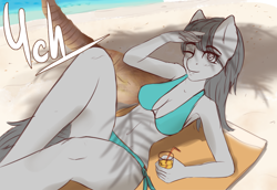 Size: 1536x1056 | Tagged: safe, artist:mintjuice, species:anthro, advertisement, armpits, beach, beach towel, bikini, blinking, clothing, commission, juice, looking at you, palm tree, relaxing, sand, smiling, swimsuit, tree, water, your character here