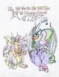Size: 2436x3184 | Tagged: safe, artist:grimmyweirdy, character:angel bunny, character:cosmos, character:fluttershy, species:draconequus, comic:cosmic cosmos, angry, blood, butterfly, draconequified, duo, duo female, female, flutterequus, food, grimdark series, grotesque series, knife, simple background, species swap, tea, this will end in death, this will end in tears, this will end in tears and/or death, traditional art, white background