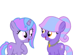 Size: 2732x2048 | Tagged: safe, artist:turnaboutart, base used, oc, oc only, oc:lilac glow, oc:starry twinkle, parent:lemon hearts, parent:twilight sparkle, parents:lemonlight, species:earth pony, species:pony, species:unicorn, female, jewelry, magical lesbian spawn, necklace, offspring, pearl necklace, pendant, ponytail, siblings, simple background, sisters, talking, transparent background, twin sisters, twins