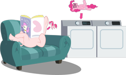 Size: 2314x1393 | Tagged: safe, anonymous artist, artist:antoxa2584, artist:dragonfoorm, artist:lman225, edit, editor:slayerbvc, character:pinkie pie, species:earth pony, species:pony, bald, casual nudity, couch, crossed legs, dryer, edited edit, female, furless, furless edit, laundry, magazine, mare, nude edit, nudity, pinkie being pinkie, pinkie pie suit, pointy ponies, reading, shaved, shaved tail, simple background, solo, transparent background, vector, vector edit, washing machine