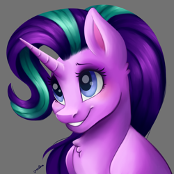 Size: 4093x4093 | Tagged: safe, artist:faline-art, character:starlight glimmer, species:pony, species:unicorn, absurd resolution, chest fluff, cute, female, glimmerbetes, gray background, mare, signature, simple background, smiling, solo