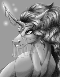 Size: 2894x3684 | Tagged: safe, artist:faline-art, character:saffron masala, species:pony, species:unicorn, ear piercing, earring, female, glowing horn, grayscale, hoers, horn, horn jewelry, jewelry, mare, monochrome, piercing, signature, smiling, solo, veil