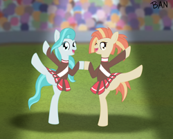 Size: 2722x2186 | Tagged: safe, artist:banquo0, character:lighthoof, character:shimmy shake, species:pony, episode:2-4-6 greaaat, buckball, cheering, cheerleader, clothing, cute, duo, one eye closed, pleated skirt, ponytail, skirt, skirt lift, wink