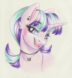 Size: 1838x1986 | Tagged: safe, artist:faline-art, character:starlight glimmer, species:pony, species:unicorn, bust, ear piercing, earring, eyeshadow, female, jewelry, looking at you, makeup, mare, necklace, piercing, s5 starlight, smiling, solo, traditional art