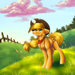 Size: 6000x6000 | Tagged: safe, artist:faline-art, character:applejack, species:earth pony, species:pony, absurd resolution, clothing, cowboy hat, cute, female, floppy ears, grass, hat, jackabetes, mare, smiling, solo, stetson
