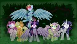 Size: 6000x3400 | Tagged: safe, artist:redheartponiesfan, character:fluttershy, character:mean applejack, character:mean fluttershy, character:mean pinkie pie, character:mean rainbow dash, character:mean rarity, character:mean twilight sparkle, character:rainbow dash, species:alicorn, species:earth pony, species:pegasus, species:pony, episode:the mean 6, g4, my little pony: friendship is magic, absurd resolution, clone, clone six, female, glowing eyes, looking at you, mare, messy mane, simple background, spread wings, wings