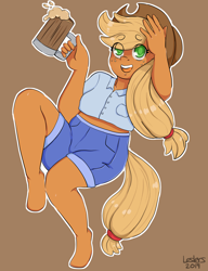 Size: 2000x2600 | Tagged: safe, artist:leslers, character:applejack, species:anthro, apple cider (drink), applefat, chubby jack, clothing, fat, female, solo
