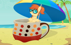 Size: 5740x3700 | Tagged: safe, artist:a4r91n, oc, oc only, oc:home sweet, species:earth pony, species:pony, beach, cup, cup of pony, jewelry, looking at you, micro, ocean, palm tree, pendant, smiling, solo, summer, sunglasses, tree, umbrella