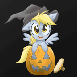 Size: 1280x1280 | Tagged: safe, artist:steffy-beff, edit, character:derpy hooves, species:pegasus, species:pony, clothing, dark background, female, halloween, hat, jack-o-lantern, mare, pumpkin, solo, witch, witch hat