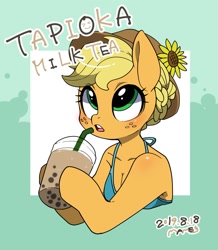 Size: 1300x1493 | Tagged: safe, artist:potetecyu_to, character:applejack, species:earth pony, species:pony, abstract background, braid, bubble tea, clothing, drink, drinking straw, female, flower, human shoulders, mare, milk tea, open mouth, signature, solo, straw, sunflower