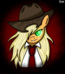 Size: 1683x1905 | Tagged: safe, artist:banquo0, character:applejack, species:earth pony, species:pony, alternate hairstyle, alucard, bust, crossover, female, freck, freckles, glowing eyes, hellsing, mare, necktie, portrait, smiling, smirk, solo