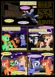 Size: 1000x1414 | Tagged: safe, artist:christhes, oc, oc:cookiecutter, oc:gracenote, oc:maple leaf, oc:spring clean, species:earth pony, species:pegasus, species:pony, comic:friendship is dragons, ..., armor, caught, collaboration, comic, crossover, dialogue, female, flying, grin, gun, implied fluttershy, implied pinkie pie, implied rarity, implied twilight sparkle, looking back, mare, raised hoof, saddle, saddle bag, scared, smiling, space, spaceship, star wars, stars, stormtrooper, tack, unamused, weapon