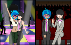 Size: 4442x2800 | Tagged: safe, artist:banquo0, character:dj pon-3, character:octavia melody, character:vinyl scratch, species:human, alternate hairstyle, belly button, bow tie, clothing, club, concert, cute, dancing, devil horn (gesture), female, glasses, holding hands, hug, humanized, jeans, midriff, necktie, open mouth, pants, short shirt, shorts, suit, tank top