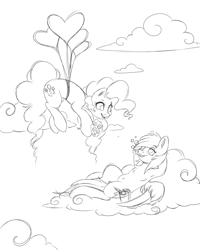 Size: 4093x5116 | Tagged: safe, artist:faline-art, character:pinkie pie, character:rainbow dash, species:pegasus, species:pony, armpits, balloon, bubble, bubble pipe, cloud, female, floating, lineart, mare, monochrome, smiling, then watch her balloons lift her up to the sky
