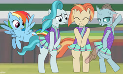 Size: 1980x1200 | Tagged: safe, artist:sunshi, character:lighthoof, character:ocellus, character:rainbow dash, character:shimmy shake, species:changeling, species:pegasus, species:pony, episode:2-4-6 greaaat, bipedal, cheerleader ocellus, cheerleader outfit, clothing, covering, cute, diaocelles, embarrassed, female, lightorable, marilyn monroe, miniskirt, pleated skirt, ponytail, schrödinger's pantsu, shakeabetes, skirt, skirt lift, upskirt, wind