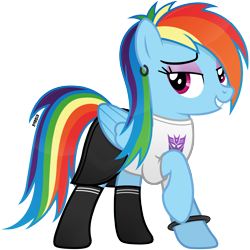 Size: 3400x3400 | Tagged: safe, artist:a4r91n, character:rainbow dash, species:pegasus, species:pony, alternate hairstyle, bedroom eyes, bracelet, clothing, decepticon, ear piercing, earring, eyeshadow, fangirl, female, jewelry, looking at you, makeup, mare, piercing, punk, raised hoof, shirt, simple background, skirt, socks, solo, t-shirt, transformers, transparent background, vector