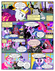 Size: 612x792 | Tagged: safe, artist:christhes, character:pinkie pie, character:prince blueblood, character:twilight sparkle, character:twilight sparkle (unicorn), species:bird, species:earth pony, species:pony, species:unicorn, comic:friendship is dragons, angry, baldur's gate, blast, cloak, clothing, collaboration, comic, dialogue, dress, evil grin, eyes closed, female, fight, flower, flower pot, frown, gala dress, glowing horn, grin, hat, horn, imoen, jewelry, looking back, magic, magic blast, male, mare, ninja, ponified, rose, show accurate, smiling, stallion, tiara
