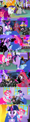 Size: 1234x4859 | Tagged: safe, alternate version, artist:christhes, character:pinkie pie, character:prince blueblood, character:twilight sparkle, character:twilight sparkle (unicorn), species:bird, species:earth pony, species:pony, species:unicorn, comic:friendship is dragons, angry, baldur's gate, blast, cloak, clothing, collaboration, comic, dress, evil grin, eyes closed, female, fight, flower, flower pot, frown, gala dress, glowing horn, grin, hat, horn, imoen, jewelry, looking back, magic, magic blast, male, mare, ninja, ponified, rose, show accurate, smiling, stallion, tiara