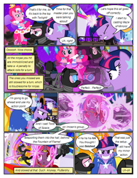 Size: 612x792 | Tagged: safe, artist:christhes, character:pinkie pie, character:twilight sparkle, character:twilight sparkle (unicorn), species:earth pony, species:pony, species:unicorn, comic:friendship is dragons, angry, baldur's gate, blast, cloak, clothing, collaboration, comic, dialogue, dizzy, dress, eyes closed, female, fight, gala dress, glowing horn, gritted teeth, hat, horn, horn ring, imoen, magic, magic beam, magic blast, mare, raised hoof, scared, show accurate, swirly eyes, telekinesis, worried