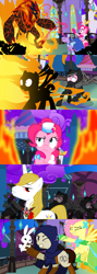 Size: 1920x5400 | Tagged: safe, alternate version, artist:christhes, character:angel bunny, character:fluttershy, character:pinkie pie, character:prince blueblood, character:twilight sparkle, character:twilight sparkle (unicorn), species:pony, species:rabbit, species:unicorn, comic:friendship is dragons, alicorn amulet, alternate eye color, animal, burning, cloak, clothing, collaboration, comic, crossover, dress, eyes closed, female, fight, fire, flower, gala dress, garrett, male, mare, night, ninja, ponified, punch, rose, scared, show accurate, stallion, stars, surprised, thief (video game), thinking, wide eyes, worried