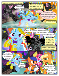 Size: 612x792 | Tagged: safe, artist:christhes, character:applejack, character:pinkie pie, character:rainbow dash, species:earth pony, species:pegasus, species:pony, comic:friendship is dragons, angry, bandana, clothing, collaboration, comic, crossover, dialogue, dragon age, dress, eyes closed, female, fight, fire, freckles, gala dress, glare, grin, hat, isabela, laurel wreath, looking back, magic, magic circle, mare, ninja, raised hoof, rearing, running, show accurate, smiling, wingblade