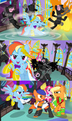 Size: 1920x3240 | Tagged: safe, alternate version, artist:christhes, character:applejack, character:pinkie pie, character:rainbow dash, species:earth pony, species:pegasus, species:pony, comic:friendship is dragons, angry, bandana, clothing, collaboration, comic, crossover, dragon age, dress, eyes closed, female, fight, fire, freckles, gala dress, glare, grin, hat, isabela, laurel wreath, looking back, magic, magic circle, mare, ninja, raised hoof, rearing, running, show accurate, smiling, wingblade