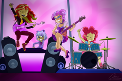 Size: 3840x2560 | Tagged: safe, artist:oinktweetstudios, character:kiwi lollipop, character:pinkie pie, character:sunset shimmer, character:supernova zap, equestria girls:sunset's backstage pass, g4, my little pony: equestria girls, my little pony:equestria girls, spoiler:eqg series (season 2), clothing, concert, cymbals, dress, drum kit, drums, drumsticks, female, grin, guitar, hi-hat, human coloration, jacket, k-lo, kiwi lollipop, leather jacket, legs, musical instrument, open mouth, pants, postcrush, shoes, smiling, sneakers, speakers, stage, su-z, supernova zap, true original (song)