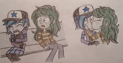 Size: 1403x725 | Tagged: safe, artist:jebens1, character:wallflower blush, oc, oc:sapphire night, g4, my little pony: equestria girls, my little pony:equestria girls, baseball cap, bench, canon x oc, cap, clothing, ear piercing, earring, eyes closed, female, fingerless gloves, freckles, gloves, hat, jacket, jewelry, kissing, lesbian, open mouth, pants, pantyhose, piercing, plaid skirt, shipping, simple background, skirt, story included, stunned, surprise kiss, surprised, sweater, traditional art, white background
