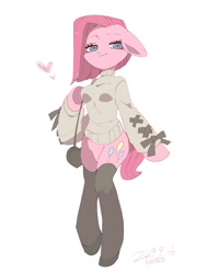 Size: 1300x1720 | Tagged: safe, artist:potetecyu_to, character:pinkamena diane pie, character:pinkie pie, species:earth pony, species:pony, alternate hairstyle, bottomless, clothing, female, mare, partial nudity, semi-anthro, simple background, solo, stockings, sweater, thigh highs, white background