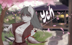 Size: 1536x960 | Tagged: safe, artist:mintjuice, species:anthro, species:pony, action pose, advertisement, bandage, cherry blossoms, clothing, commission, female, flower, flower blossom, house, japan, katana, kimono (clothing), looking at you, mare, samurai, sarashi, solo, sword, tree, weapon, your character here