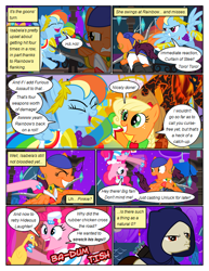 Size: 612x792 | Tagged: safe, artist:christhes, character:applejack, character:pinkie pie, species:earth pony, species:pegasus, species:pony, comic:friendship is dragons, bandana, cloak, clothing, collaboration, comic, crossover, dialogue, dragon age, dress, ear piercing, earring, eyes closed, female, fight, flying, freckles, frown, gala dress, garrett, grin, gritted teeth, hat, hoof hold, isabela, jewelry, laughing, laurel wreath, male, mare, night, onomatopoeia, piercing, ponified, rubber chicken, show accurate, smiling, stallion, stars, thief (video game), unamused, wingblade