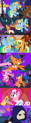 Size: 1234x4859 | Tagged: safe, alternate version, artist:christhes, character:applejack, character:pinkie pie, species:earth pony, species:pegasus, species:pony, comic:friendship is dragons, bandana, cloak, clothing, collaboration, comic, crossover, dragon age, dress, ear piercing, earring, eyes closed, female, fight, flying, freckles, frown, gala dress, garrett, grin, gritted teeth, hat, hoof hold, isabela, jewelry, laughing, laurel wreath, male, mare, night, onomatopoeia, piercing, ponified, rubber chicken, show accurate, smiling, stallion, stars, thief (video game), unamused, wingblade