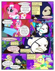 Size: 612x792 | Tagged: safe, artist:christhes, character:fluttershy, character:pinkie pie, species:earth pony, species:pegasus, species:pony, comic:friendship is dragons, angry, arrows, cloak, clothing, collaboration, comic, crossbow, crossover, dialogue, dress, female, fight, frown, gala dress, garrett, hat, looking up, male, mare, night, onomatopoeia, party cannon, pie in the face, ponified, sad, show accurate, smiling, smirk, stallion, stars, thief (video game), unamused, vine