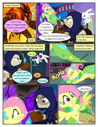 Size: 612x792 | Tagged: safe, artist:christhes, character:angel bunny, character:fluttershy, species:earth pony, species:pegasus, species:pony, species:rabbit, comic:friendship is dragons, angry, animal, arrow, cloak, clothing, collaboration, comic, crossbow, crossover, dialogue, dress, eyes closed, female, fight, flying, gala dress, garrett, implied applejack, implied rainbow dash, implied twilight sparkle, injured, looking up, male, mare, night, onomatopoeia, ponified, scared, shadow, show accurate, spread wings, stallion, stars, thief (video game), wings, worried